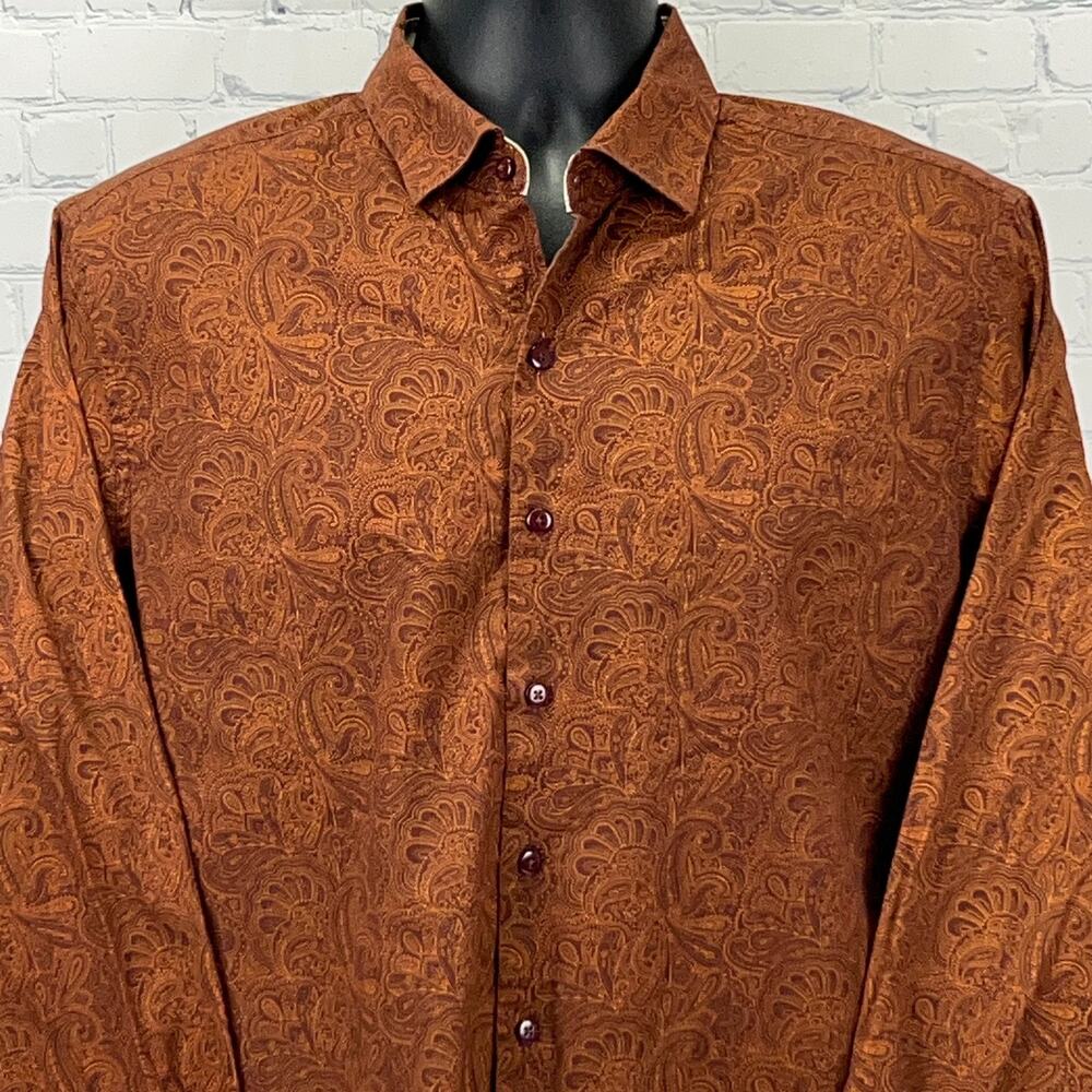 Consequence Shirt Mens M Medium Rust Orange Paisley Stretch Button Front